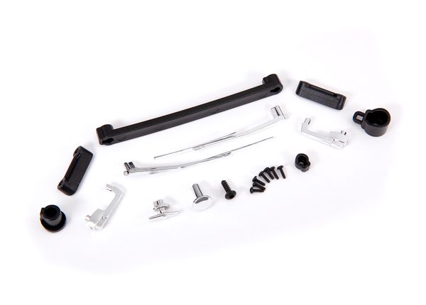 Traxxas Door handles, left, right, and rear/ retainers (3)/ windshield wipers, left & right/ retainer (1)/ fuel cap/ fuel flange/ fuel cap mount/ 1.6x5 BCS (self-tapping) (7)/ 2.6x8 BCS (1)