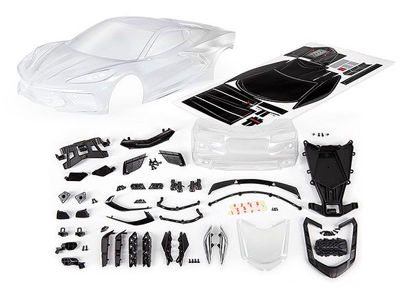 Traxxas Body, Chevrolet Corvette Stingray (clear, trimmed, requires painting)/ decal sheet (includes side mirrors, spoiler, grilles, vents, hardware, & clipless mounting)