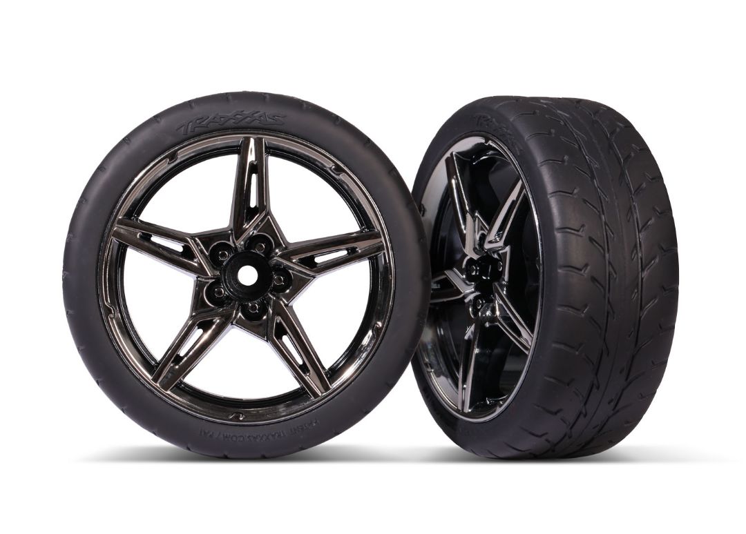 Traxxas Tires and wheels, assembled, glued (split-spoke black chrome wheels, 1.9
