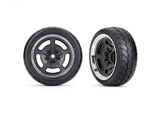 Traxxas Tires and wheels, assembled (blk w/ chrme whls) (frt) - Click Image to Close