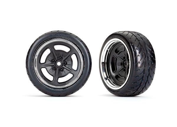 Traxxas Tires / wheels, assembled (blk w/ chrme whls) (wide, R) - Click Image to Close