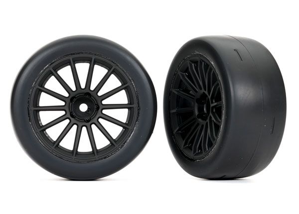 Traxxas Tires And Wheels, Assembled, Glued (Multi-Spoke Black Wheels, 2.0' Ultra-Wide Slick Tires Foam Inserts) (Rear) (2)