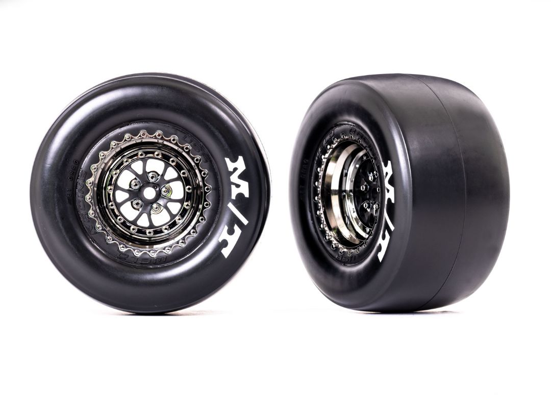 Traxxas Tires & wheels (Weld black chrome) M/T Drag Slicks (2) - Click Image to Close