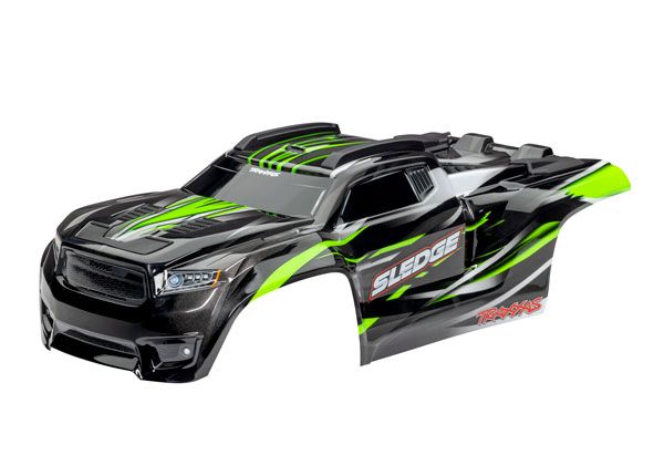 Traxxas Body, Sledge, green/ window, grille, lights decal sheet - Click Image to Close