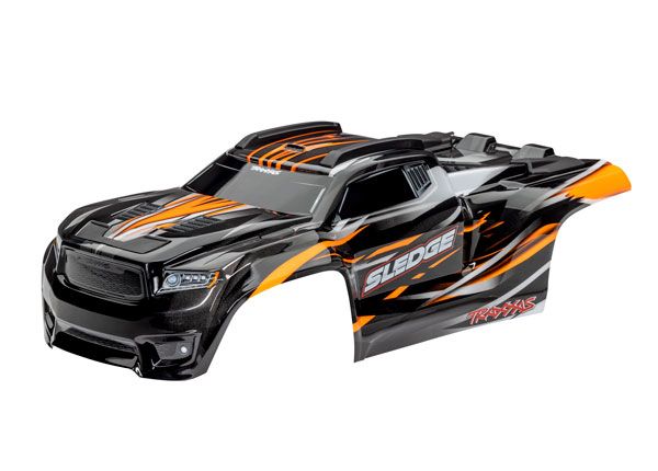 Traxxas Body, Sledge, orange/ window, grille, lights decal sheet (assembled with front & rear body mounts and rear body support for clipless mounting)