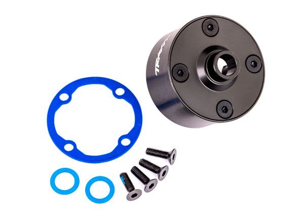 Traxxas Carrier, Differential (Aluminum, Dark Titanium-Anodized)/ Differential Bushing/ Ring Gear Gasket/ 3x10mm CCS (4)