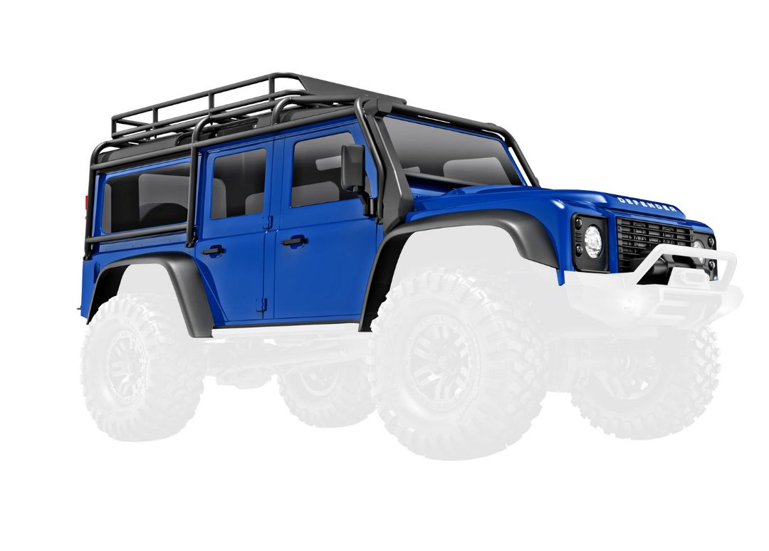 Traxxas Body, Land Rover Defender, Complete, Blue (Includes Grille, Side Mirrors, Door Handles, Fender Flares, Fuel Canisters, Jack, Spare Tire Mount, & Clipless Mounting) (Requires #9734 Front & Rear Bumpers)