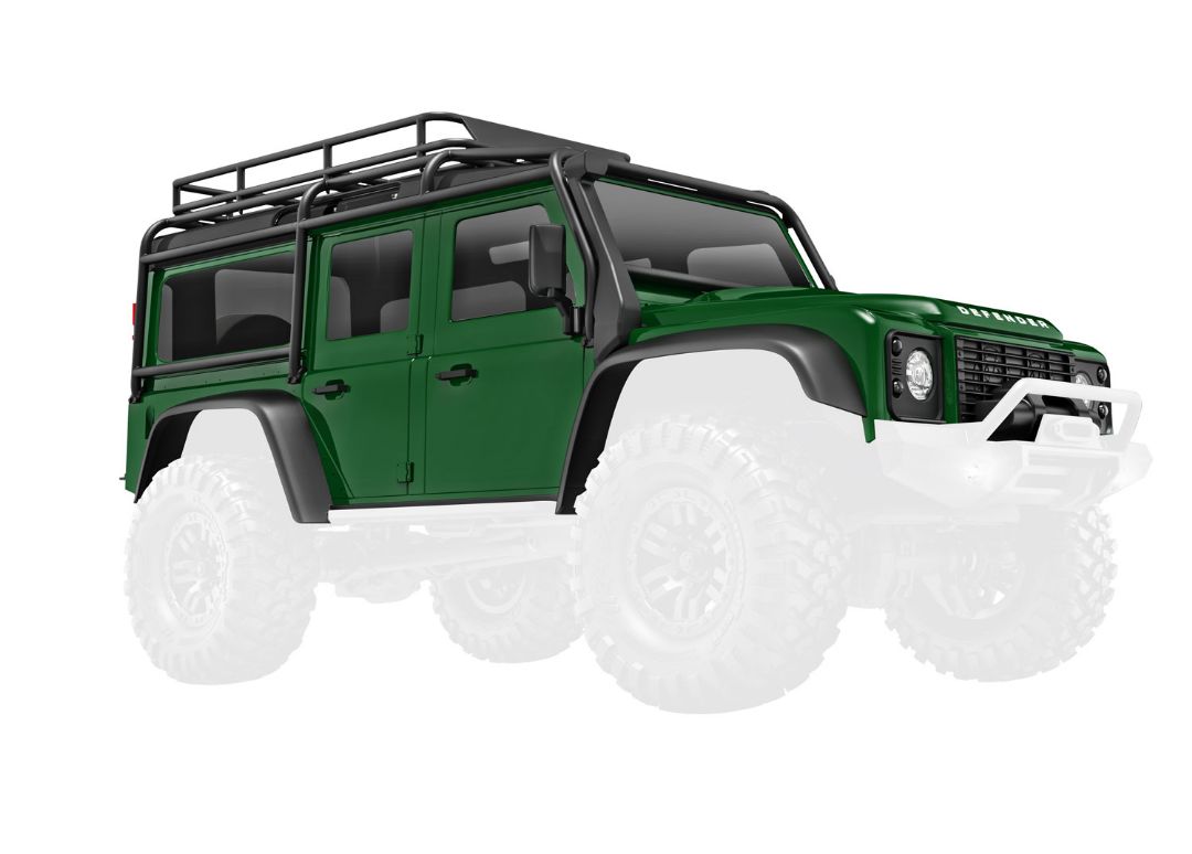 Traxxas Body, Land Rover Defender, Complete, Green (Includes Grille, Side Mirrors, Door Handles, Fender Flares, Fuel Canisters, Jack, Spare Tire Mount, & Clipless Mounting) (Requires #9734 Front & Rear Bumpers)