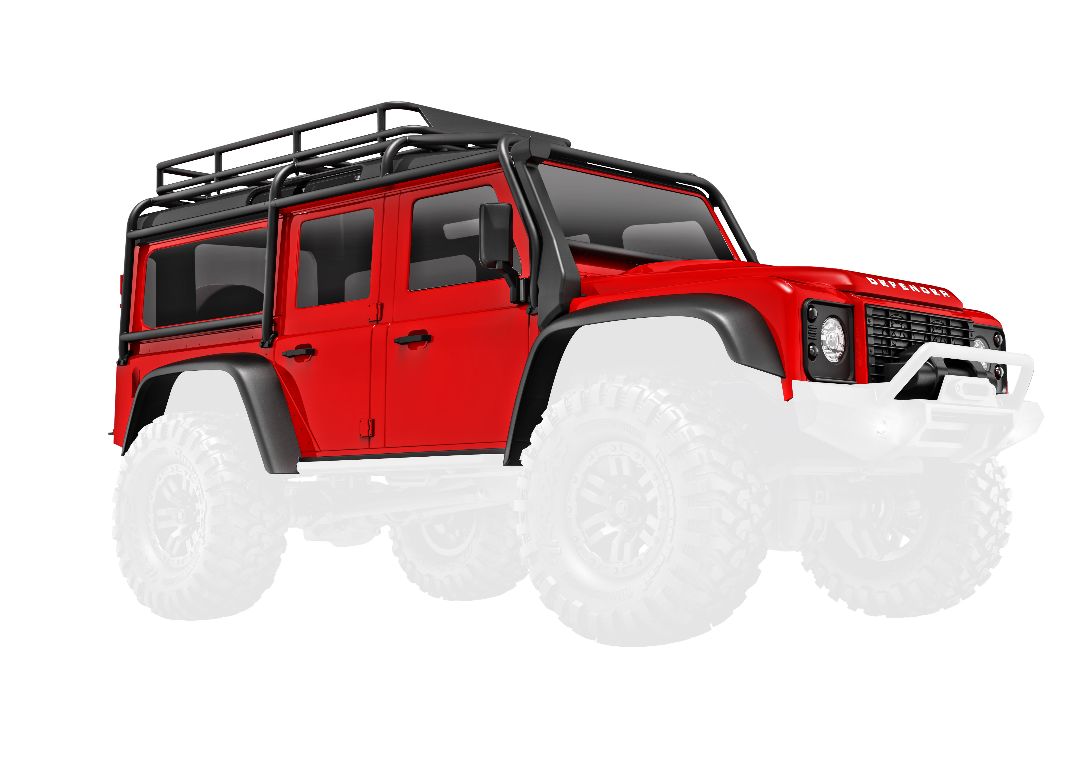 Traxxas Body, Land Rover Defender, Complete, Red (Includes Grille, Side Mirrors, Door Handles, Fender Flares, Fuel Canisters, Jack, Spare Tire Mount, & Clipless Mounting) (Requires #9734 Front & Rear Bumpers)