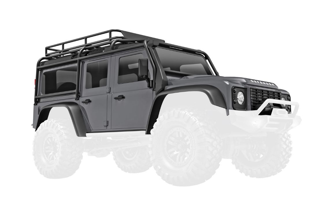 Traxxas Body, Land Rover Defender, Complete, Silver (Includes Grille, Side Mirrors, Door Handles, Fender Flares, Windshield Wipers, Spare Tire Mount, & Clipless Mounting)